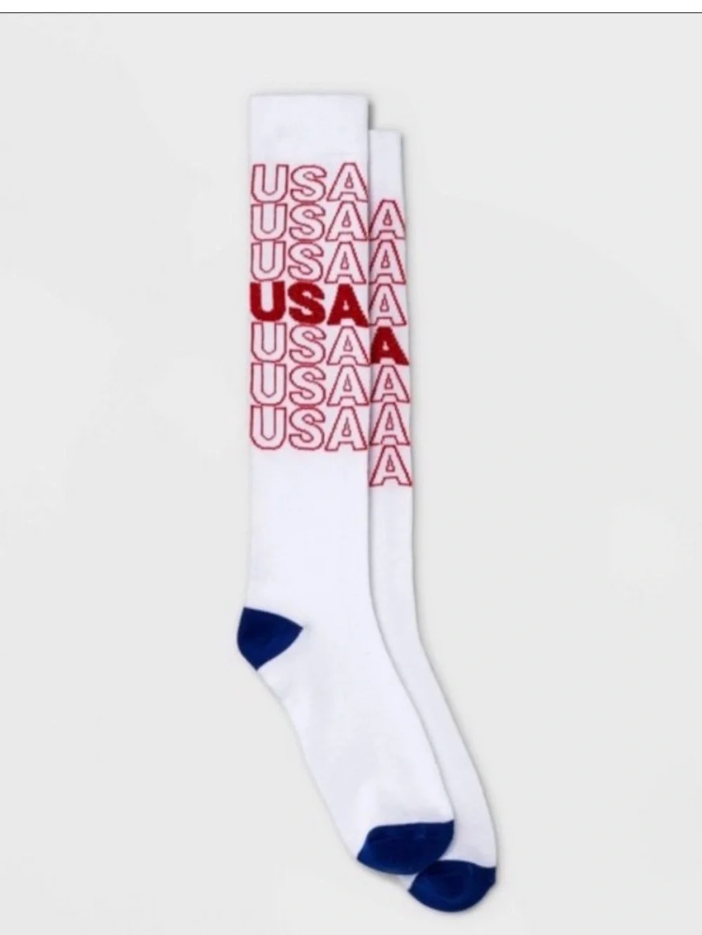 Knee-High White Socks with Red USA Logo and Navy Toe